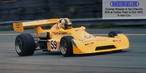 Gunnar Nilsson in Ted Moore's Rapid Movements Ltd Chevron B29 at Oulton Park in October 1975.  Copyright Alan Cox 2010.  Used with permission.