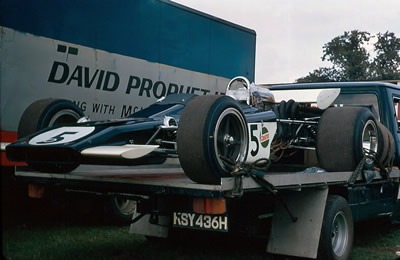 An unusual angle on Jock Russell's Lotus 70 at Oulton Park late 1970. Copyright Alan Cox 2006. Used with permission.