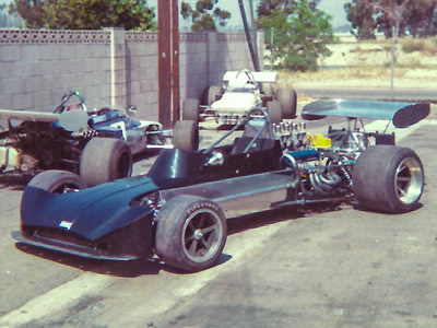Bob Lazier's March 73A at Wilbur Bunce's Miller St. shop next door to Anaheim Lake in May 1973, prior to the crash at Riverside. Copyright Alan Degasis 2016. Used with permission.