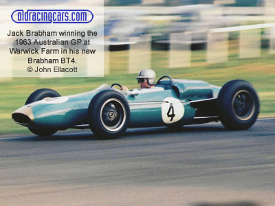 Jack Brabham winning the Australian Grand Prix at Warwick Farm in February 1963in his brand new Brabham BT4. Copyright John Ellacott 2020. Used with permission.