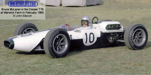 Bruce McLaren in the Cooper T79 at Warwick Farm in February 1965. Copyright John Ellacott 2020. Used with permission.