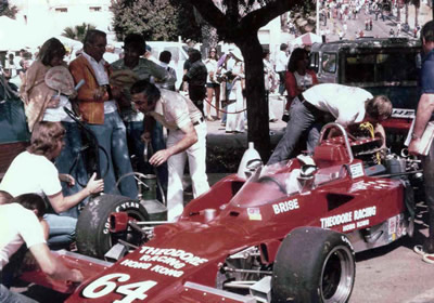 Tony Brise's Theodore racing Lola T332 HU37 in the preparation area at Long Beach 1975. Copyright Jerry Entin 2002. Used with permission.