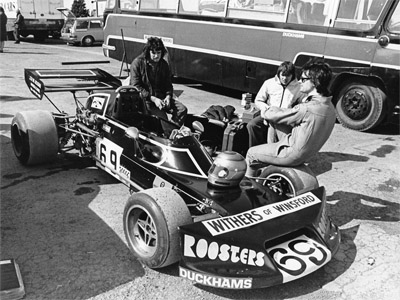 David Winstanley and his crew with his Falconer-bodied Brabham BT40 in 1976. Copyright Ted Walker 2019. Used with permission.