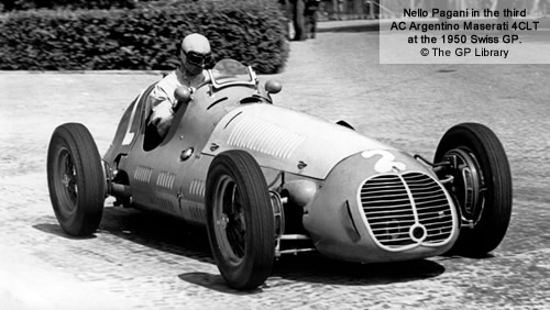 Nello Pagani in the third AC Argentina Maserati 4CLT at the 1950 Swiss GP.  Copyright The GP Library 2011.  Used with permission.