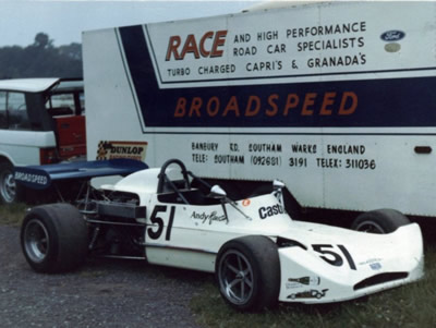 Andy Rouse's March 73B by the Broadspeed transporter at Mallory Park in June 1974. Copyright Rich Harman 2009. Used with permission.