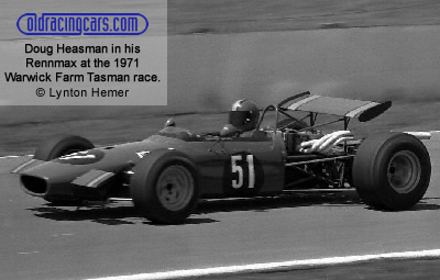 Doug Heasman in his Rennmax at the 1971 Warwick Farm Tasman race. Copyright Lynton Hemer 2020. Used with permission. Doug Heasman in his Rennmax at the 1971 Warwick Farm Tasman race. Copyright Lynton Hemer 2020. Used with permission.