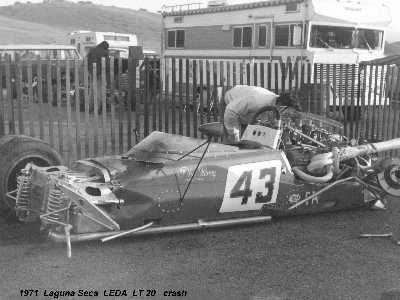 A picture of a wrecked LT20 seems somehow apt.  But this is not one of the UK wrecks, it is Phil Henny's car after his accident at Laguna Seca in 1971.  Copyright Phil Henny 2003.  Used with permission.