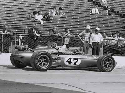 The #47 Weinberger Eagle-Offy at the Speedway in 1967 before Norm Brown crashed it.  Part of the Dave Friedman collection. Licenced by The Henry Ford under Creative Commons licence Attribution-NonCommercial-NoDerivs 2.0 Generic. Original image has been cropped.