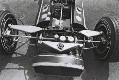 The front suspension of Leader Cards' brand new #4 Gerhardt at Phoenix in March 1966.  Part of the Dave Friedman collection. Licenced by The Henry Ford under Creative Commons licence Attribution-NonCommercial-NoDerivs 2.0 Generic. Original image has been cropped.