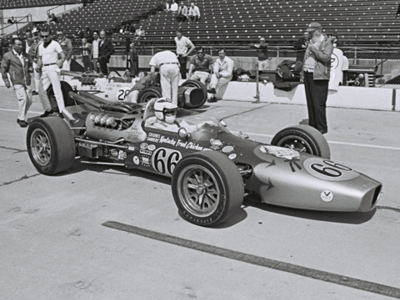 Johnny Boyd in George Harm's #66 KFC Gerhardt in practice for at the 1967 Indy 500. Part of the Dave Friedman collection. Licenced by The Henry Ford under Creative Commons licence Attribution-NonCommercial-NoDerivs 2.0 Generic. Original image has been cropped.