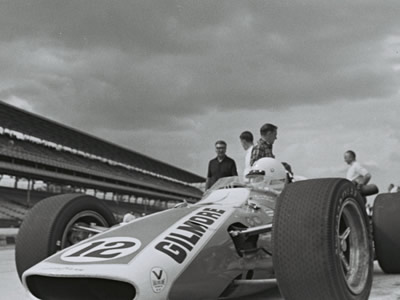 The front of Gordon Johncock's 1968 Gerhardt, seen here during practice for the 1969 Indy 500. Part of the Dave Friedman collection. Licenced by The Henry Ford under Creative Commons licence Attribution-NonCommercial-NoDerivs 2.0 Generic. Original image has been cropped.