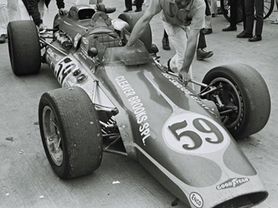 The new 1968 Hayhoe #59 entry at the Indy 500 in 1968.  Part of the Dave Friedman collection. Licenced by The Henry Ford under Creative Commons licence Attribution-NonCommercial-NoDerivs 2.0 Generic. Original image has been cropped.