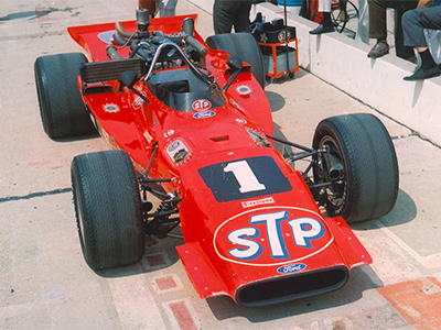 STP's 1968 Hawk, later raced by George Follmer as the #20 STP entry, at the 1969 Indy 500.  Copyright Indianapolis Motor Speedway. Copyright permissions granted for non-commercial use by Indianapolis Motor Speedway.