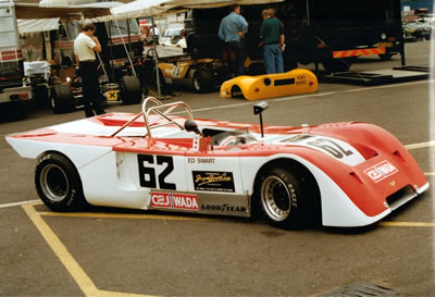 Ed Swart's Chevron B19 in the Donington Park paddock in July 1990. Copyright Jeremy Jackson 2009. Used with permission.