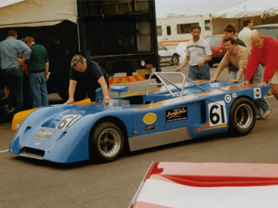 The Chevron B19 of Jonas Qvarnström in the paddock at Donington Park in July 1990. Copyright Jeremy Jackson 2009 . Used with permission.