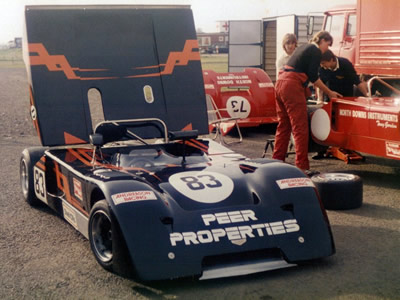 Martin Birrane's Chevron B19 at Silverstone in May 1986. Alongside are Roger Andreason's crew hard at work on Tony Gordon's B19. Copyright Jeremy Jackson 2009. Used with permission.