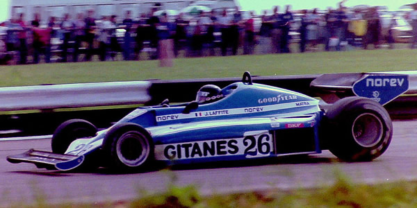 Jacques Laffite in the Ligier JS7 at the 1977 British Grand Prix. Copyright Martin Lee 2017. Used with permission.