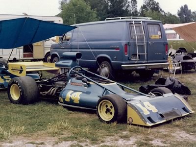 The Scuderia France McRae GM1 with extravagant roll protection in the paddock at Portland in 1975 or 1976. Copyright Brent Martin 2011. Used with permission.