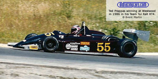 Ted Prappas winiing at Westwood in July 1986 in his Team Tui Ralt RT4/86.  Copyright Brent Martin 2016.  Used with permission.