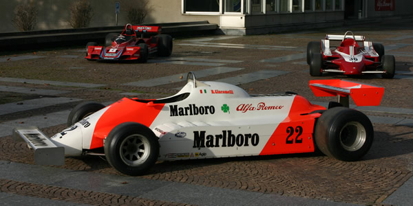 The unraced carbon-fibre Tipo 179F in the courtyard of the Arese museum, with the museum's Brabham BT45 and Alfa 177 behind it. Copyright Roberto Motta 2017. Used with permission.