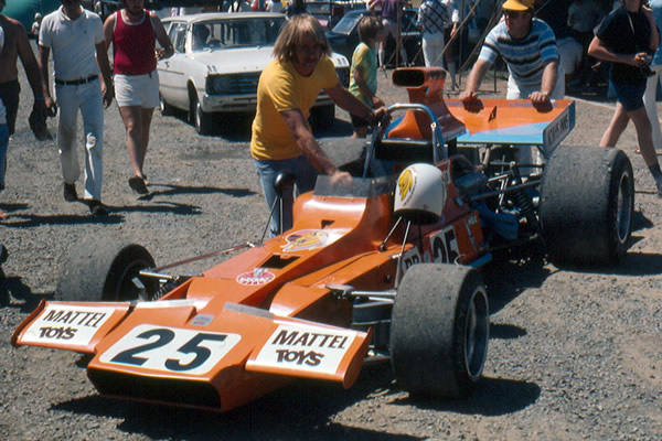 Johnny Walker's Matich A50 is pushed out for practice at the 1973 Tasman race at Sandown Park. Copyright Glenn Moulds 2005. Used with permission.
