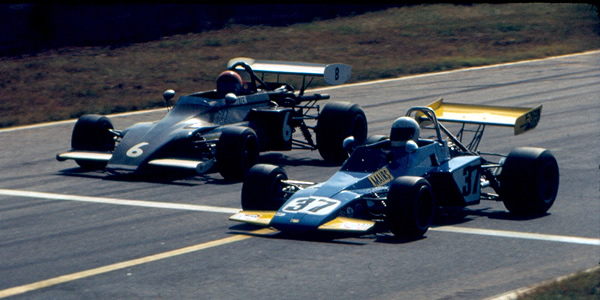 Southern Pacific FB drivers Olney Mairs (Brabham BT40) and Byron Hatten (March 722) at the 1973 Runoffs.  Copyright R. Allen Olmstead. Used with permission.