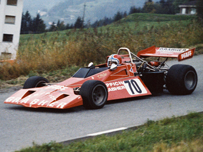 Alois Pfister in his Brabham BT40 at the Bergrennen Zwischenwasser in October 1977. Copyright Manfred Noger 2021. Used with permission.