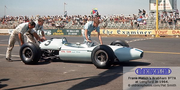 Frank Matich's Brabham BT7A at Longford in 1964.  Copyright oldracephotos.com/Pat Smith.  Used with permission.