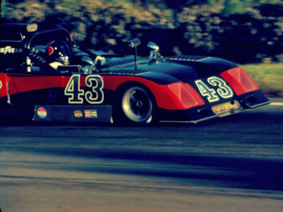 Bill Roush racing his Chevron B19/26 in the 1975 Runoffs. Copyright R. Allen Olmstead. Used with permission..