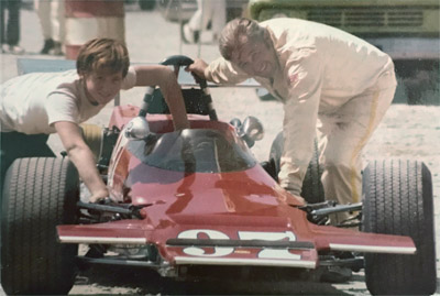Chuck Powell with his Lola T240 and 12-year-old son and chief mechanic Gary Powell, in August 1972. Copyright Gary Powell 2020. Used with permission.