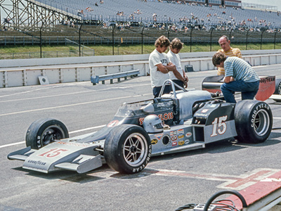 Roger McCluskey's crew with the Silver Floss Riley 74 at Pocono in June 1975. Copyright David A. Reese 2021. Used with permission.
