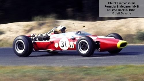 Chuck Dietrich in his Formula B McLaren M4B at Lime Rock in 1968.  Copyright Jeff Savage 2011.  Used with permission.