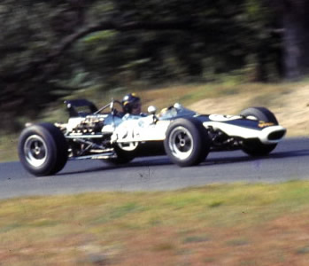 Peter Broeker in the Stebro-Chevron at Lime Rock in September 1968. Copyright Jeff Savage 2004. Used with permission.