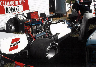 The Haas Racing T430 HU3 gets some rare attention during the 1976 season.  Copyright Tom Schultz 2005.  Used with permission.