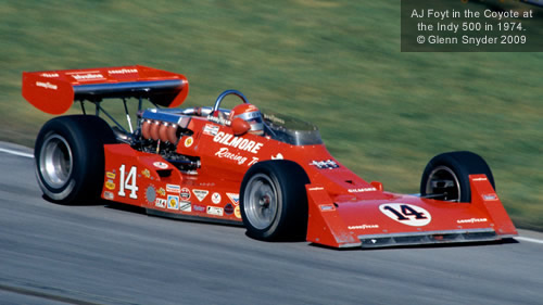 AJ Foyt in the Coyote at the Indy 500 in 1974. Copyright Glenn Snyder 2009. Used with permission. AJ Foyt in the Coyote at the Indy 500 in 1974. Copyright Glenn Snyder 2009. Used with permission.
