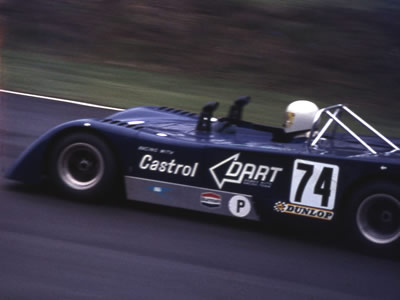 The first DART Chevron B19 on its debut at Brands Hatch in April 1971 where it was driven by John Miles and Graham Birrell. Copyright Gerald Swan 2009. Used with permission.