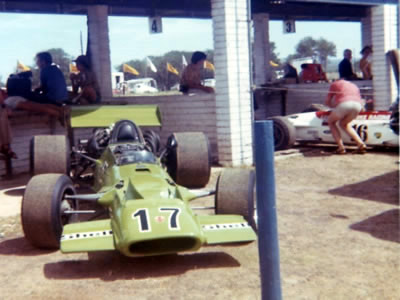 This picture taken in the pits at Killarney almost certainly shows Rob Thomas's TS5A.  In the background is the sister TS5A still in Blignaut's Lucky Stripe colours, implying it was taken early 1973. Copyright Danie van den Berg 2005. Used with permission.