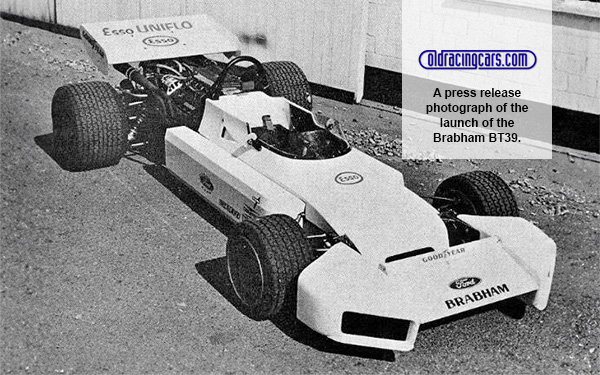 A press release photograph of the launch of the Brabham BT39. 