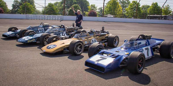 Dan Gurney reunited with all four 1969 'Santa Ana' Eagles  at the Speedway in 2015. Copyright Can-Am Cars Ltd. Used with permission.