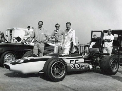 Tom McBurnie with his crew and his LeGrand Mk 7A Formula A car. Copyright Tom McBurnie Collection 2008. Used with permission.