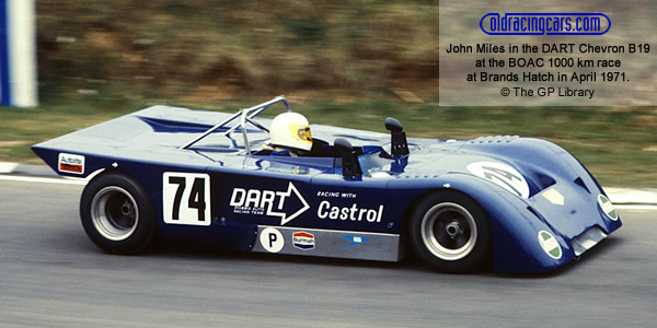 One of DART Racing Chevron B19s at Brands Hatch in April 1971 where it was shared by John Miles and Graham Birrell.  Copyright The GP Library 2009.  Used with permission.