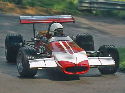Richard Lester in his Lola T100 exiting Pardon at Prescott hillclimb in 1974. Copyright Steve Wilkinson 2020. Used with permission.