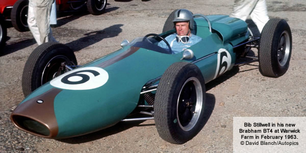 Bib Stillwell in his new Brabham BT4 at Warwick Farm in February 1963. Photograph by Laurie Johnson. Copyright David Blanch (Autopics) 2015. Used with permission. Bib Stillwell in his new Brabham BT4 at Warwick Farm in February 1963. Photograph by Laurie Johnson. Copyright David Blanch (Autopics) 2015. Used with permission.
