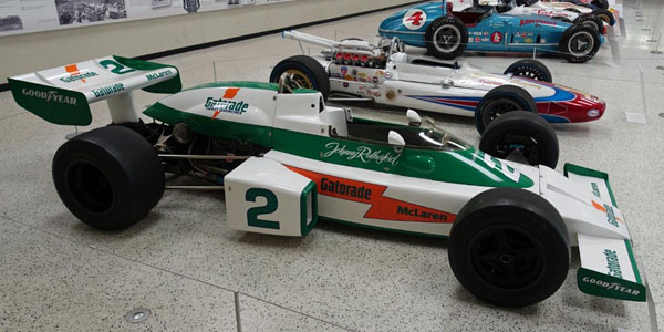 Rob Dyson's Gatorade McLaren M16E in the Indianapolis Motor Speedway Museum in May 2018. Copyright Ian Blackwell 2017. Used with permission. Rob Dyson's Gatorade McLaren M16E in the Indianapolis Motor Speedway Museum in May 2018. Copyright Ian Blackwell 2017. Used with permission.