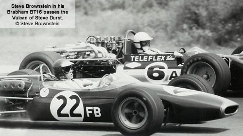 Bart Brownstein in his Brabham BT16 passes the Vulcan of Steve Durst.  Copyright Steve Brownstein.  Used with permission.