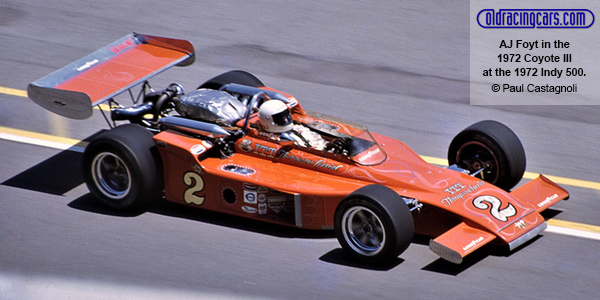 AJ Foyt in the 1972 Coyote III at the 1972 Indy 500. Copyright Paul Castagnoli 2022. Used with permission. AJ Foyt in the 1972 Coyote III at the 1972 Indy 500. Copyright Paul Castagnoli 2022. Used with permission.