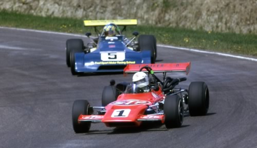 Bill Brack in his Crosty-Lotus holds off the Chevron B27 of Bertil Roos in Canada's first season of Formula Atlantic. Copyright owned by the Canadian Motorsport Hall of Fame.  Used with permission.