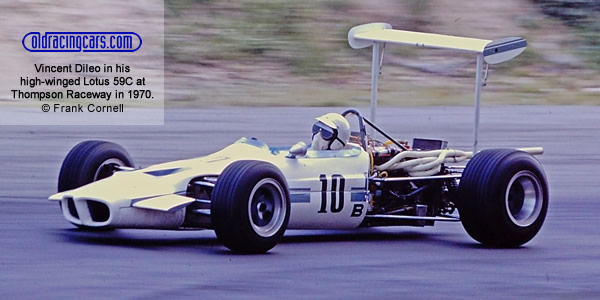 Vincent Dileo in his
high-winged Lotus “59C” at
Thompson Raceway in 1970. Copyright Frank Cornell 2020. Used with permission. Vincent Dileo in his
high-winged Lotus “59C” at
Thompson Raceway in 1970. Copyright Frank Cornell 2020. Used with permission.