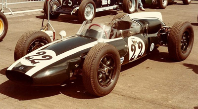 John Casado's Cooper T53 on the grid for the Pre-65 race at the 1985 British Grand Prix. Copyright Ben Cowdrey 2020. Used with permission.