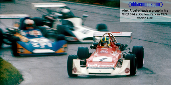 Alex Dias Ribeiro in the Hollywood GRD 374 is pursued at Oulton Park 28 Sep 1974 by the works SPI March 743 of José Chateaubriand and Nick von Preussen's March 733.  Copyright Alan Cox 2012.  Used with permission.